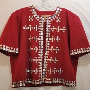 Double D Ranchwear Womans Large Red Open Jacket Button Embellished Western S-Slv